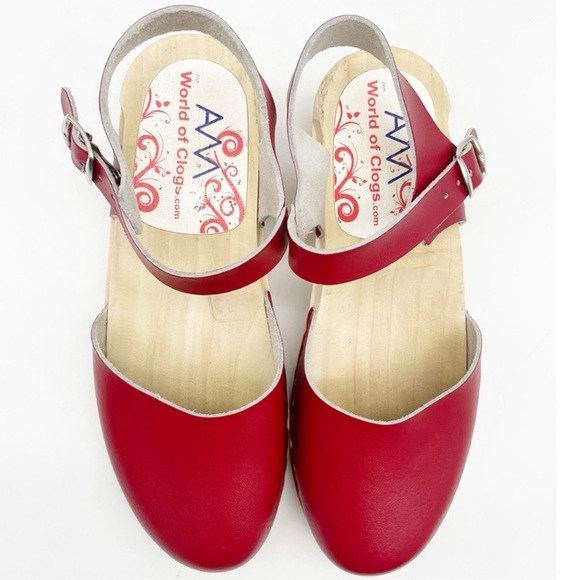 European Made Wooden Clog Sandal Mary Jane Red Leather women Shoes ssz 39 - Picture 4 of 8